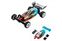 Pro-Line 1/28 Micro-B Crowd Pleazer body shell with flame design, shown installed on a buggy and as a separate kit with accessories.