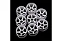 A set of eight white plastic RC car rims with a five-spoke design arranged on a black background.