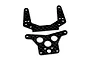 Two black graphite shock towers for an RC car, featuring a woven carbon fiber pattern and multiple mounting holes.