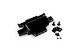 A black anodized aluminium rear bulkhead for an RC car, shown with a set of matching black screws on a white background.