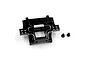 A black anodized aluminium rear bulkhead for an RC car with two small mounting screws, isolated on a white background.
