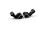 Two black aluminium RC front steering hubs with silver chamfered edges, positioned side-by-side on a white background.