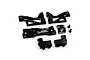 A set of black anodized aluminium RC car parts including servo mounts, chassis braces, and small screws on a white background.