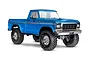 A blue Traxxas TRX-4 1979 Ford F-150 Ranger XLT RC rock crawler truck on a white background.