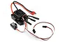 HPI Flux EMH-3S 80A brushless electronic speed controller with cooling fan, pre-soldered wires, Deans connector, and receiver plugs.