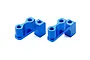 Two blue anodized aluminium servo stays for Tamiya RC cars, shown from an angled perspective against a white background.
