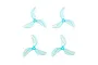 Four light blue, three-blade propellers for RC drones arranged in a grid on a white background.