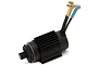 A black brushless RC motor with a heatsink, pinion gear, and three wires with bullet connectors against a white background.