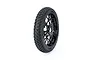 A black 1/4 scale RC motorcycle front tyre mounted on a black Geoform spoked wheel against a white background.