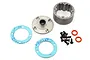 TLR gunmetal aluminium differential case set including housing, end cap, gaskets, screws, and O-rings on a white background.