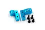 Two blue anodized aluminium servo mounts with four black screws on a white background.