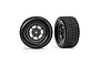 Two Traxxas 1/10 scale Hoosier dirt oval rear wheels with graphite grey rims and black rubber tires on a white background.