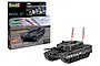 Revell 1/35 scale Leopard 2A4 40th Anniversary model tank kit box and a fully assembled, painted black tank model with white trim and flag antennas.