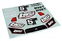 A decal sheet for the Losi 5IVE-T RC truck, featuring Losi logos, 5T branding, grill graphics, and light decals on a light blue backing sheet.