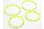 Four bright fluorescent yellow beadlock rings for RC wheels arranged on a white background.