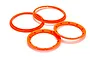 Four bright fluro orange plastic beadlock rings for RC wheels arranged on a white background.