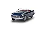 A studio shot of a dark blue MGB Roadster scale model car with a red interior, viewed from the front three-quarter angle.