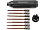 Dynamite 8-in-1 multi hex tool set featuring a black knurled handle, seven bronze-coloured hex bits, and a black plastic bit storage base.