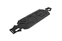 A black Rovan aluminium main chassis plate for an RC vehicle, shown from a high-angle perspective against a white background.