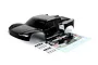 A black Rovan 1/5 scale 5SC short course RC truck body shell with a decal sheet and body clips on a white background.