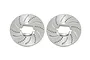 Two silver aluminium RC brake discs with drilled holes and curved cooling slots, shown side-by-side on a white background.