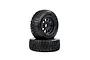 Two black Rovan 1/5 scale short course RC truck wheels with knobby off-road tyres stacked on a white background.