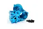 A blue anodized aluminium complete gearbox housing for 1/10 RC cars by Yeah Racing, shown with a small pile of black mounting screws on a white background.