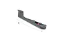 A grey E-Flite RC plane fuselage boom spare part with decals, including a small metal rod and hardware, isolated on a white background.