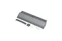 E-Flite grey foam horizontal stabiliser for RC plane with included screws, decal strip, and small plastic part on a white background.