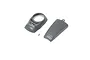 A grey plastic RC plane cowl, motor hatch, and a small metal screw on a white background.