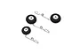 A set of three E-Flite RC airplane landing gear struts with black foam wheels and white plastic hubs on a white background.