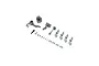 E-Flite control horn set including various grey plastic control horns, servo arms, screws, and small rectangular backing plates.