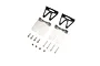 Pro Boat RC trim tabs set including two black mounting brackets, two silver metal trim tabs, and a collection of screws and nuts on a white background.