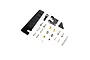 A Pro Boat black rudder assembly kit including the rudder blade, mounting brackets, screws, nuts, and small metal hardware components on a white background.