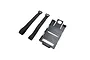 A black plastic battery tray and two black hook-and-loop velcro straps for an RC boat.