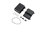 Pro Boat receiver box kit including two black plastic housing halves, four metal screws, a rubber O-ring seal, and small rubber grommets.
