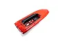 A bright red RC boat hull with an open cockpit area showing internal black plastic mounting structures against a white background.