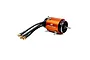 Spektrum brushless marine motor with an orange anodized casing, water cooling fittings, and three black wires with gold bullet connectors.