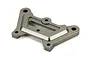 A gunmetal grey machined aluminium top chassis brace for an RC vehicle, featuring a central cutout and multiple mounting holes.