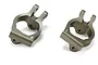 A pair of gunmetal grey aluminium front spindle carriers for an RC car, marked with L and R for left and right sides.