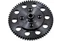 A black steel spur gear for an RC car, featuring a central hub and multiple weight-reduction holes around the perimeter.