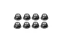 A set of eight black flanged nyloc serrated nuts arranged in two rows of four against a white background.