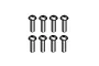 A set of eight silver-coloured metal button head screws with hex drive sockets, arranged in two rows of four against a white background.