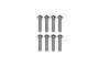 A set of eight silver-coloured metal button head screws with hexagonal drive sockets arranged in two rows of four against a white background.