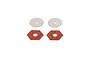 Two silver metal washers and two red hexagonal friction pads for an RC slipper clutch, arranged on a white background.