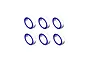 A set of six identical metal ball bearings with blue rubber seals arranged in two rows of three against a white background.