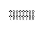 A set of sixteen identical silver-coloured metal button head screws arranged in two rows of eight against a white background.
