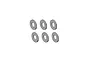 A set of six small, circular metal washers arranged in two rows of three against a plain white background.