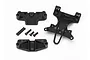 Traxxas telemetry expander chassis mount parts including three black plastic mounts, three screws, and a small foam strip on a white background.