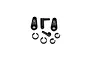 A set of black plastic RGT DIG servo parts including two servo horns, two small linkage arms, and four C-clips on a white background.
